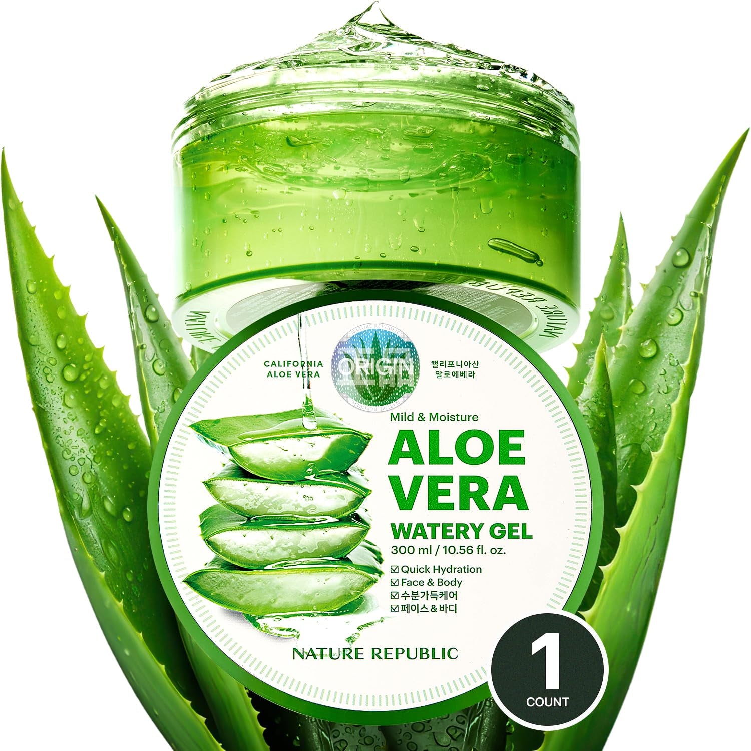 Mild & Moisture Aloe Vera Watery Gel (1 PCS) | Hydrating & Moisturizing, Fast-Absorbing Non-Sticky, Aftersun & Aftershave Soothing Gel for Face & Hair, Korean Skincare, All Skin Types
