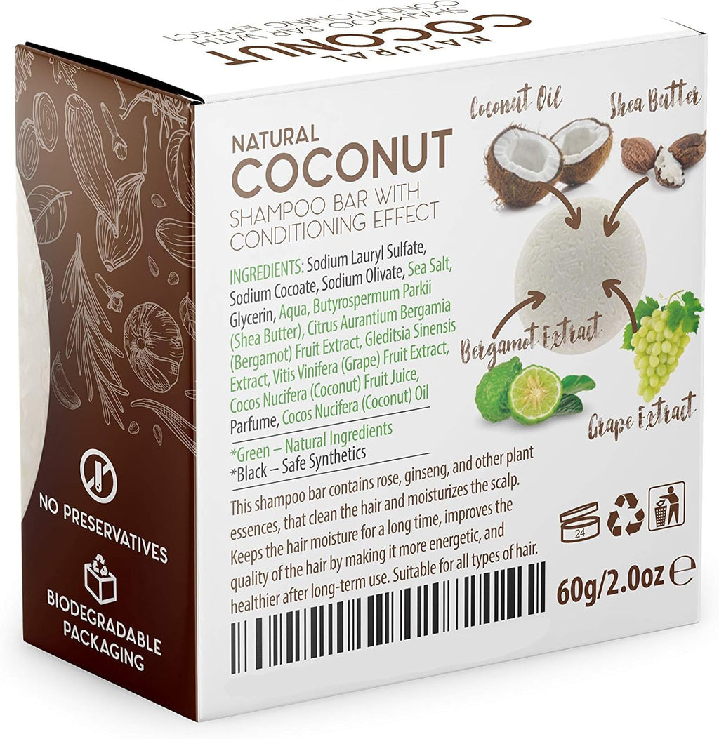 Solid Shampoo Bar and Conditioner Effect Hair Soap – 100% Organic Shampoo Bars for Hair with All Natural Plant Based Essential Oils and Zero Waste Biodegradable Packaging (Coconut)
